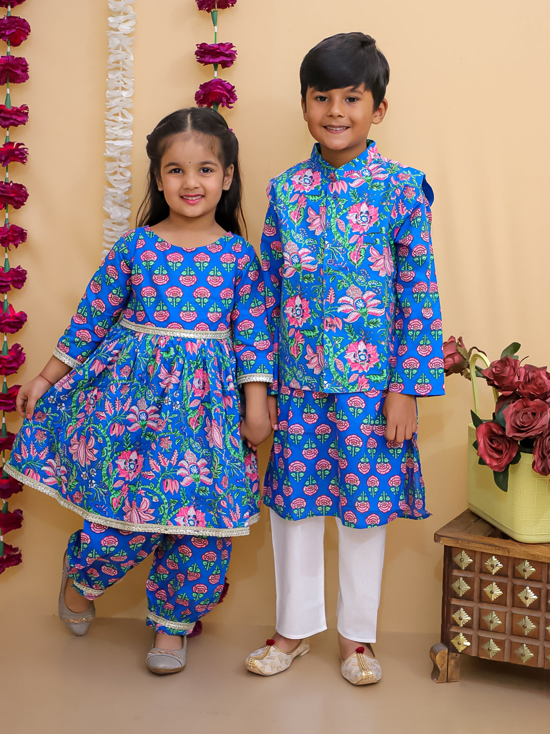 Ethnic Set-Blue Royal Floral Girls Kurta Set with Blue Royale Boys Jacket And Kurta Pajama Set