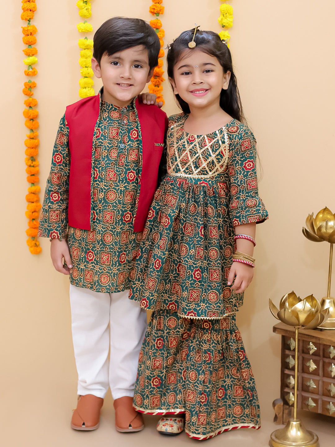 Ethnic Set-Emerald Essence Girls Anarkali Sharara Set with Boys Jacket And Kurta Pajama Set