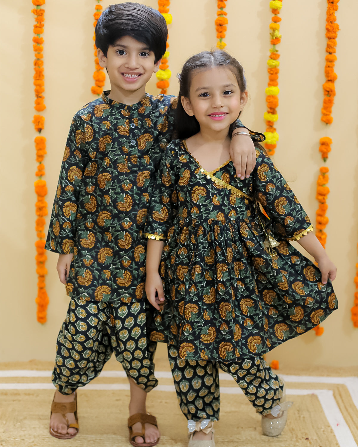 Ethnic Set-Green Block Print Girls Anarkali Pajama Set with Green Block Print Boys Dhoti Kurta Set