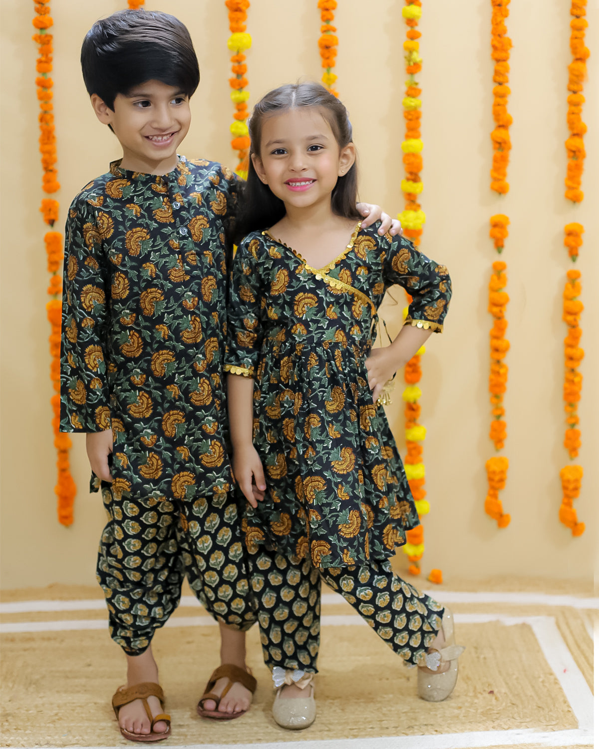 Ethnic Set-Green Block Print Girls Anarkali Pajama Set with Green Block Print Boys Dhoti Kurta Set