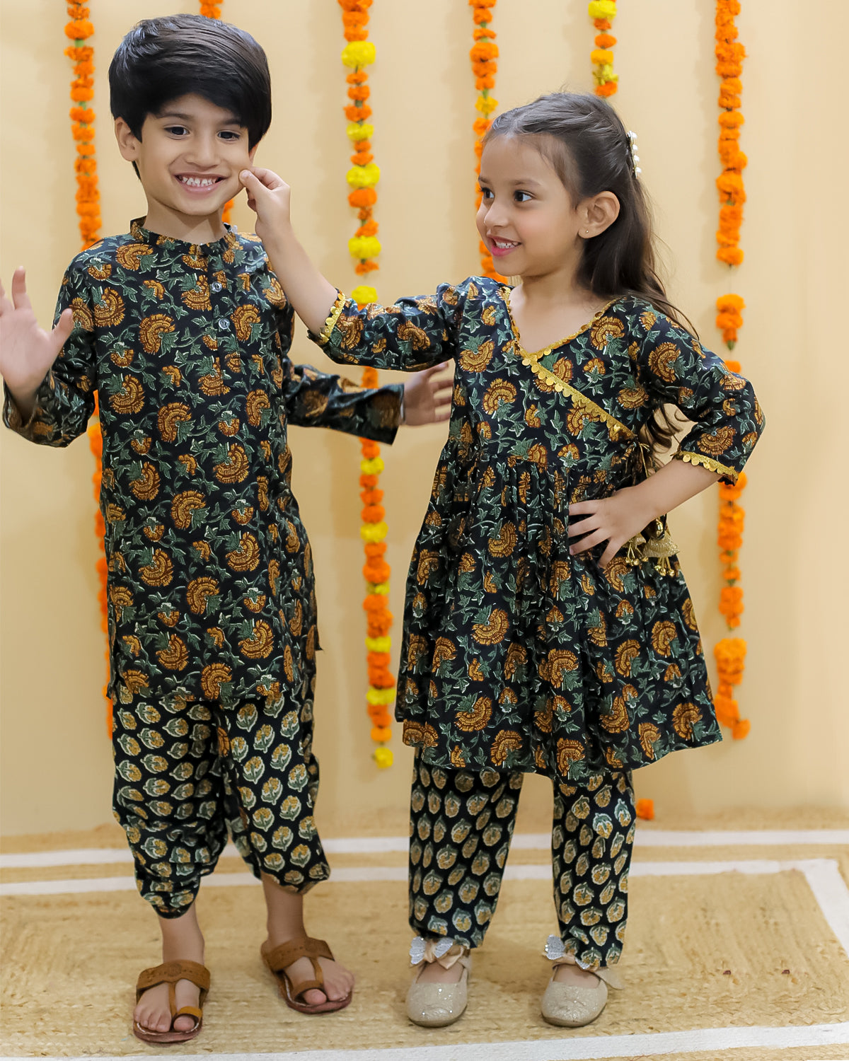 Ethnic Set-Green Block Print Girls Anarkali Pajama Set with Green Block Print Boys Dhoti Kurta Set