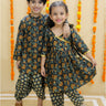 Ethnic Set-Green Block Print Girls Anarkali Pajama Set with Green Block Print Boys Dhoti Kurta Set