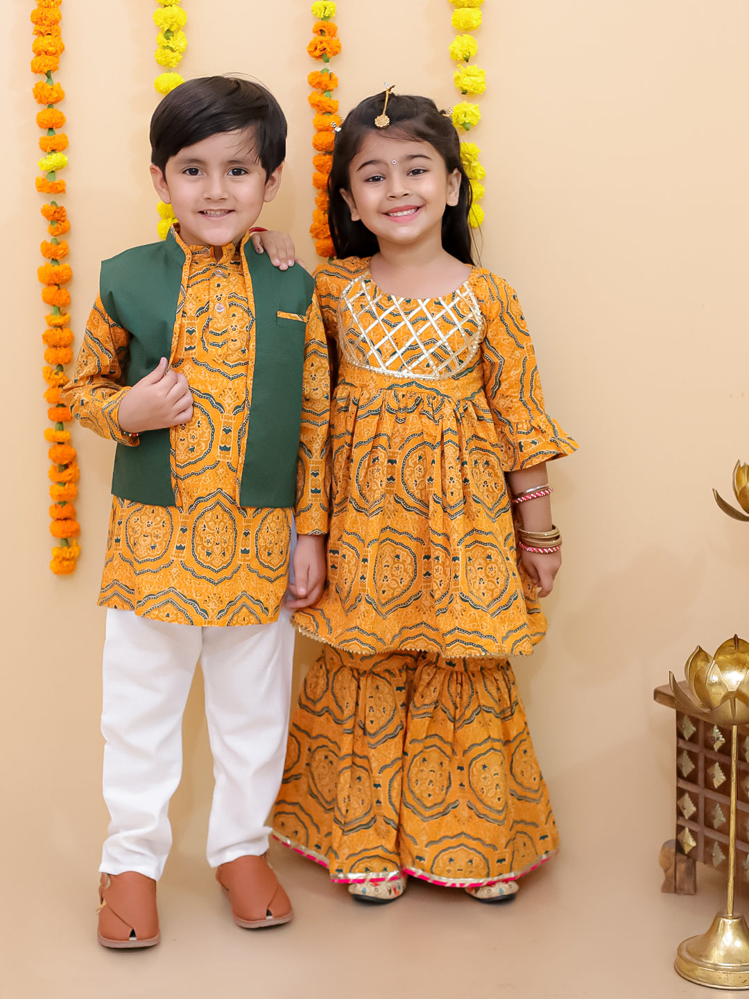 Ethnic Set-Marigold Mosaic Girls Anarkali Sharara Set with Boys Jacket And Kurta Pajama Set