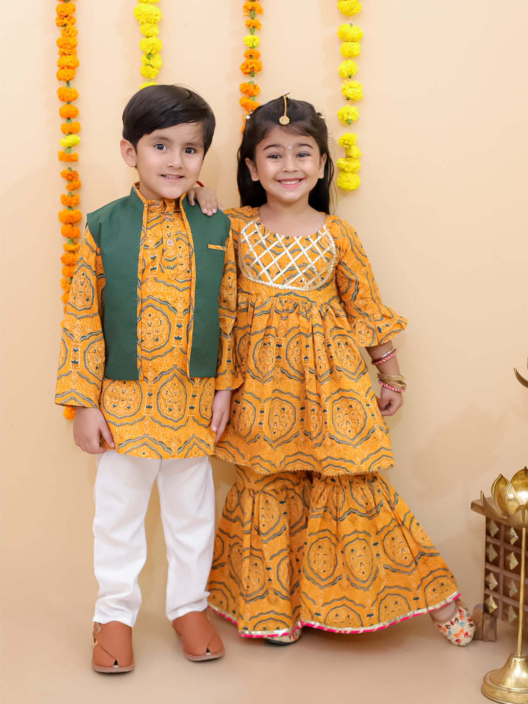 Ethnic Set-Marigold Mosaic Girls Anarkali Sharara Set with Boys Jacket And Kurta Pajama Set