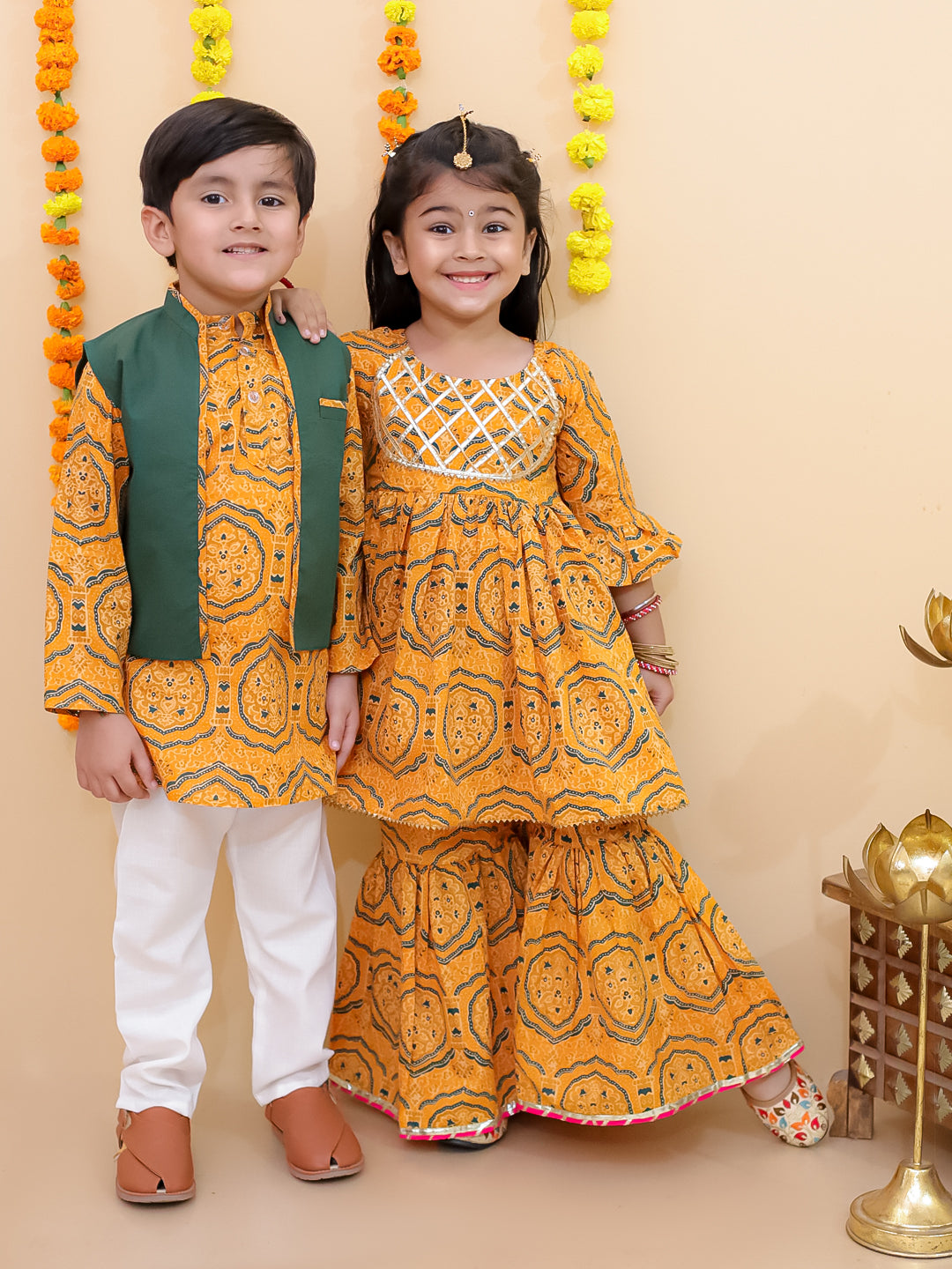 Ethnic Set-Marigold Mosaic Girls Anarkali Sharara Set with Boys Jacket And Kurta Pajama Set