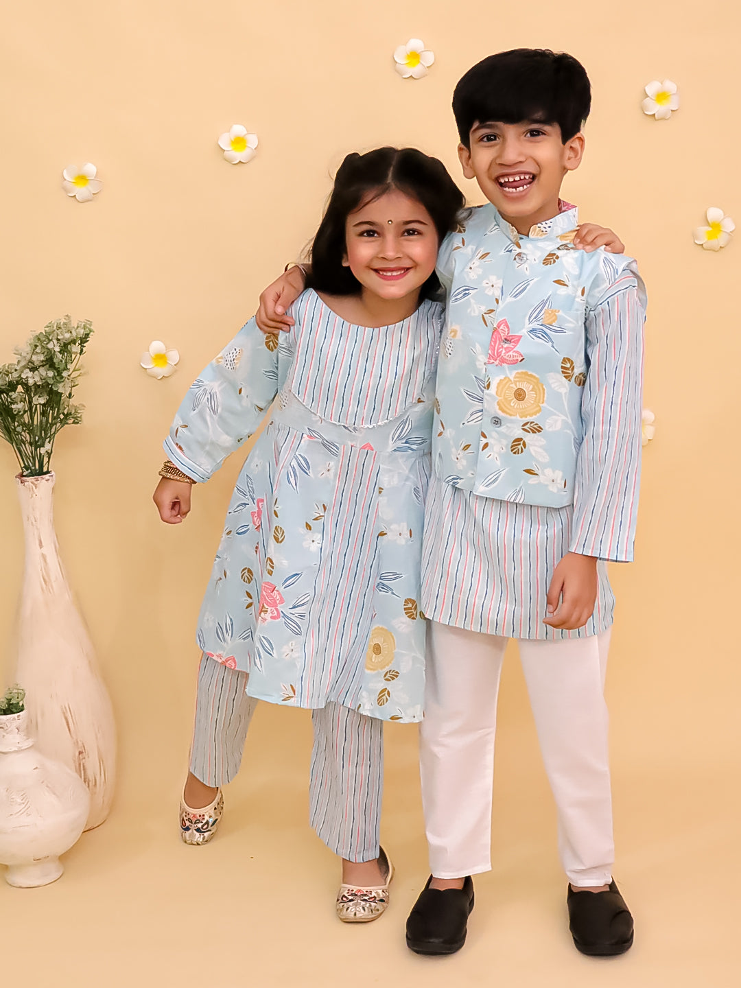 Ethnic Set-Megh Malhaar Girls Anarkali Kurta Set & Boys Jacket And Kurta Pajama Set