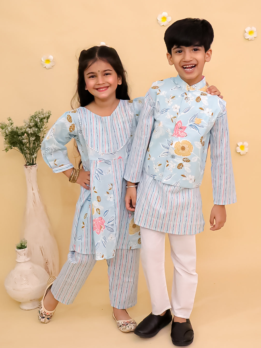 Ethnic Set-Megh Malhaar Girls Anarkali Kurta Set & Boys Jacket And Kurta Pajama Set