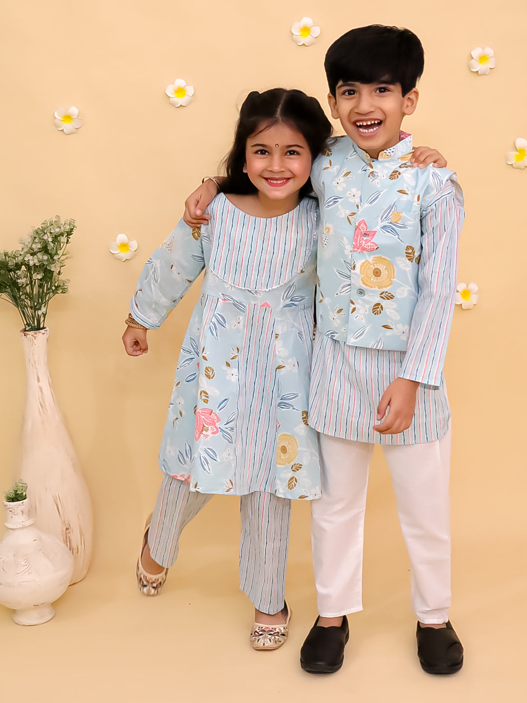 Ethnic Set-Megh Malhaar Girls Anarkali Kurta Set & Boys Jacket And Kurta Pajama Set