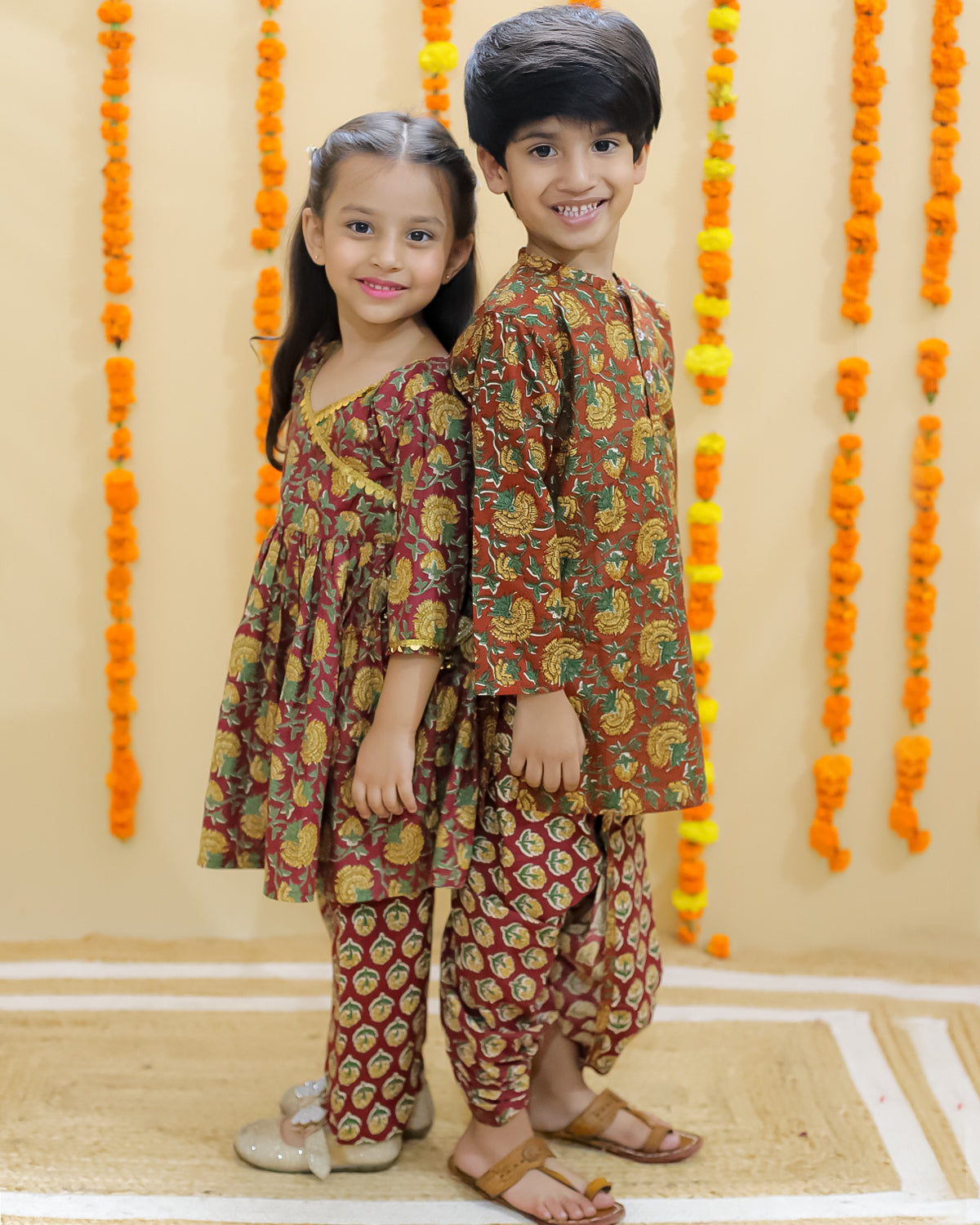 Ethnic Set-Rust Block Print Girls Anarkali Pajama Set with Rust Block Print Boys Dhoti Kurta Set