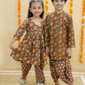 Ethnic Set-Rust Block Print Girls Anarkali Pajama Set with Rust Block Print Boys Dhoti Kurta Set