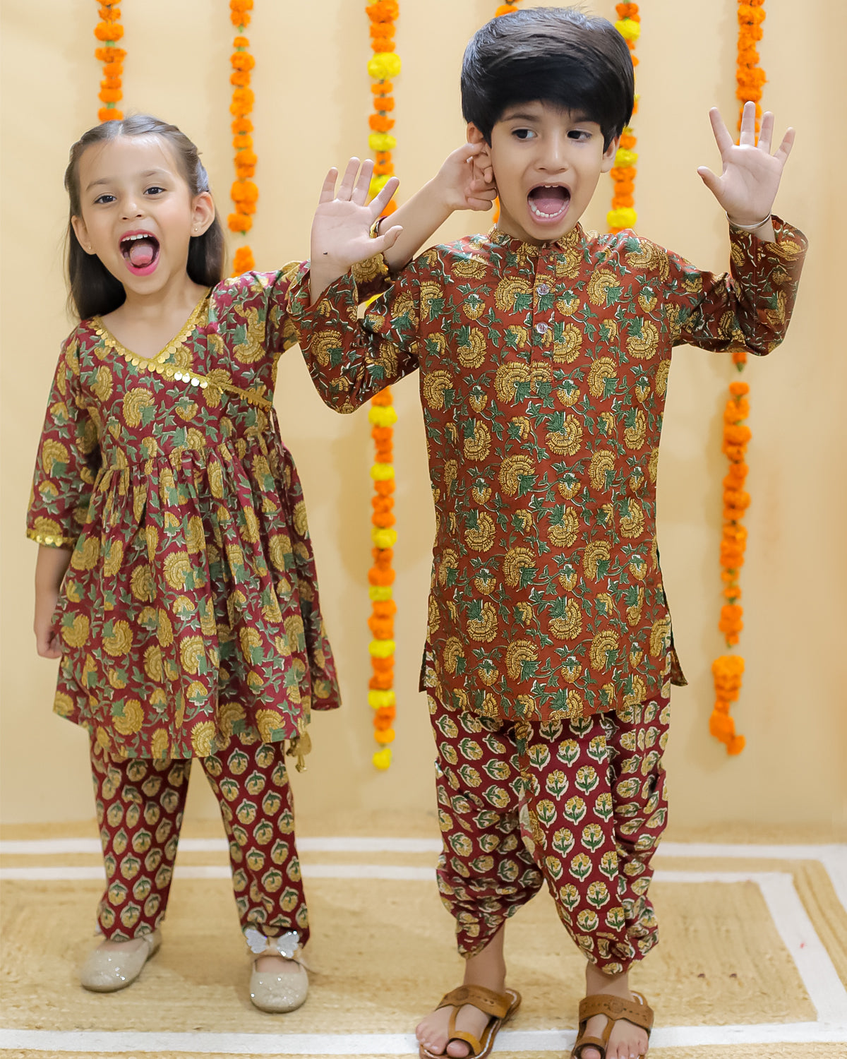 Ethnic Set-Rust Block Print Girls Anarkali Pajama Set with Rust Block Print Boys Dhoti Kurta Set