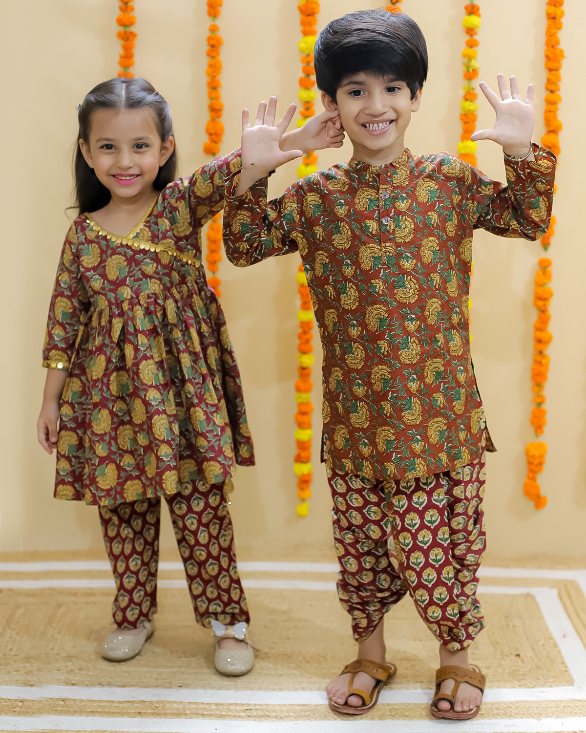 Ethnic Set-Rust Block Print Girls Anarkali Pajama Set with Rust Block Print Boys Dhoti Kurta Set