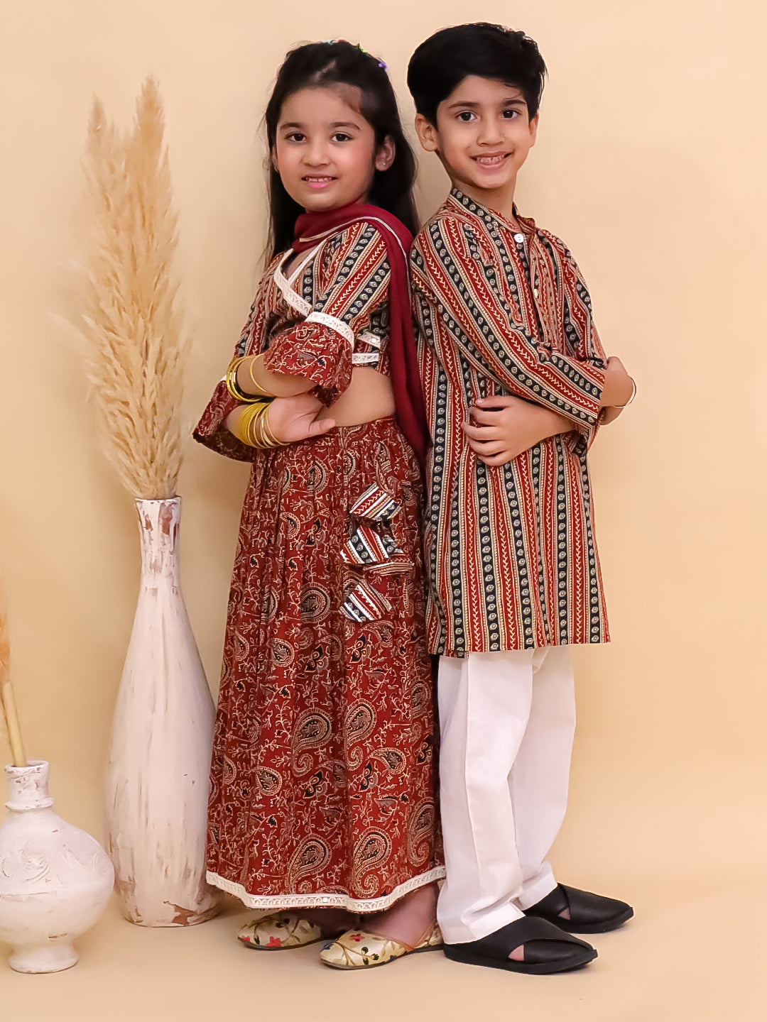 Ethnic Set-Rust Kalamkari Girls Lehenga Set and Boys Kurta Set
