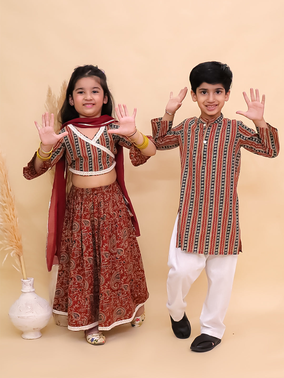 Ethnic Set-Rust Kalamkari Girls Lehenga Set and Boys Kurta Set