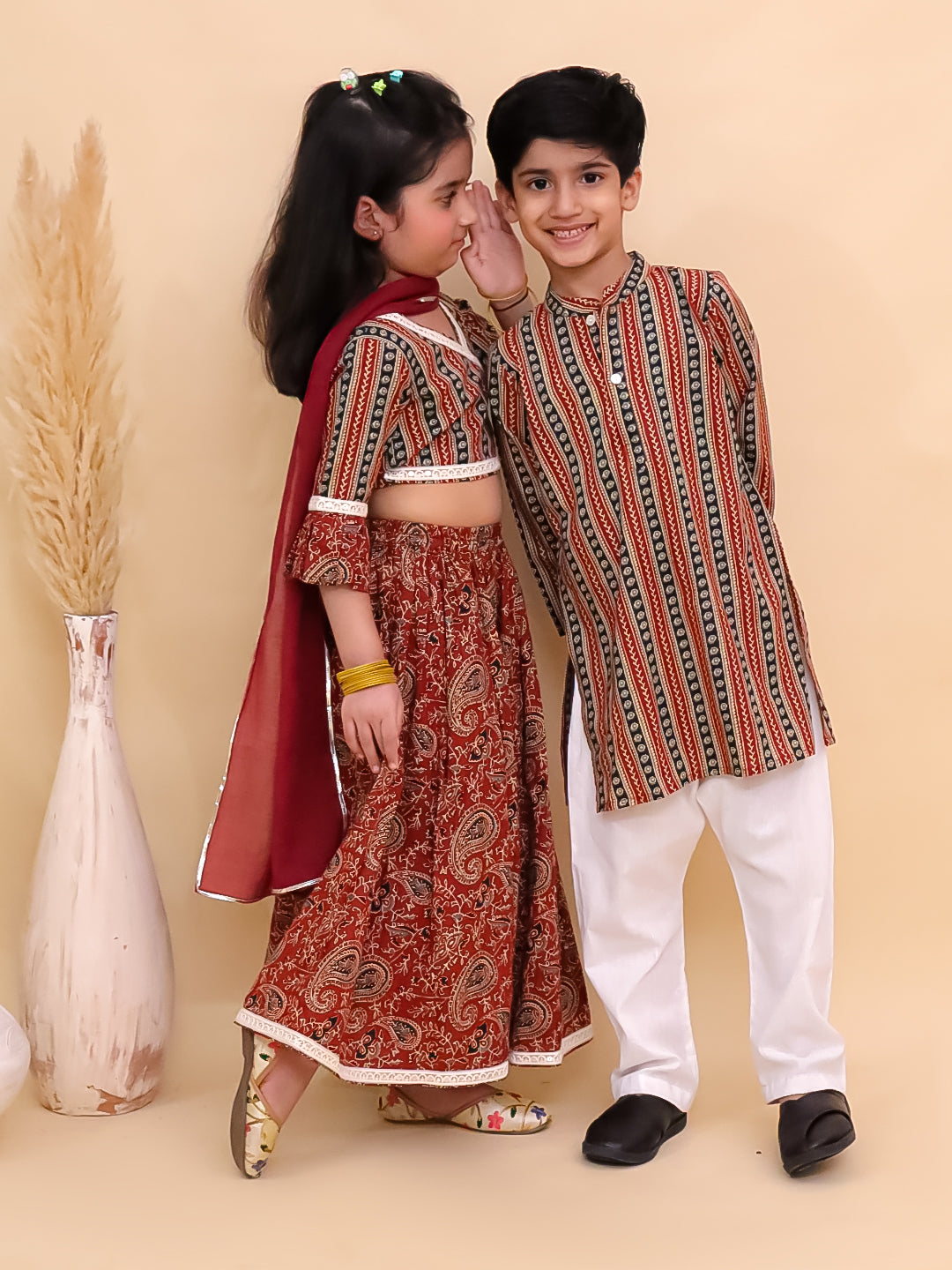 Ethnic Set-Rust Kalamkari Girls Lehenga Set and Boys Kurta Set