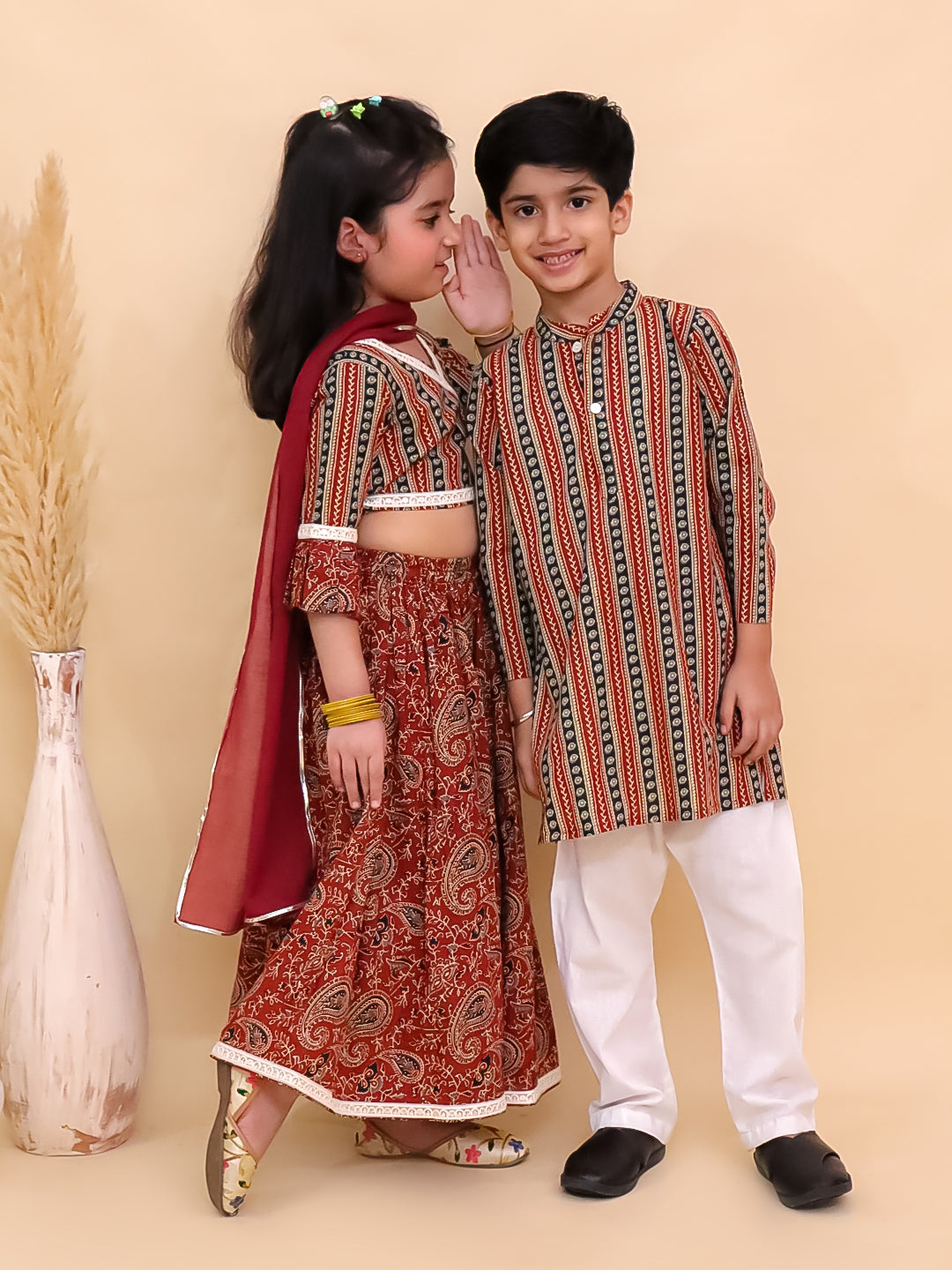 Ethnic Set-Rust Kalamkari Girls Lehenga Set and Boys Kurta Set