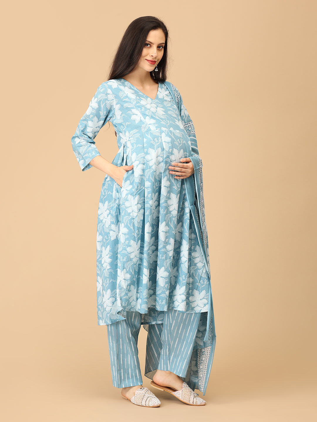 Faded Fine Maternity and Nursing Kurta Set With Dupatta