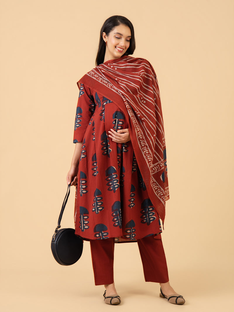 Form Copper Maternity and Nursing Kurta Set With Dupatta