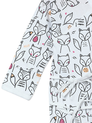 Close up picture of a limb of jabla style romper with fox designs from the mom store