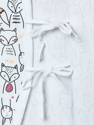 Close up picture of a side ties of jabla style romper with fox designs from the mom store