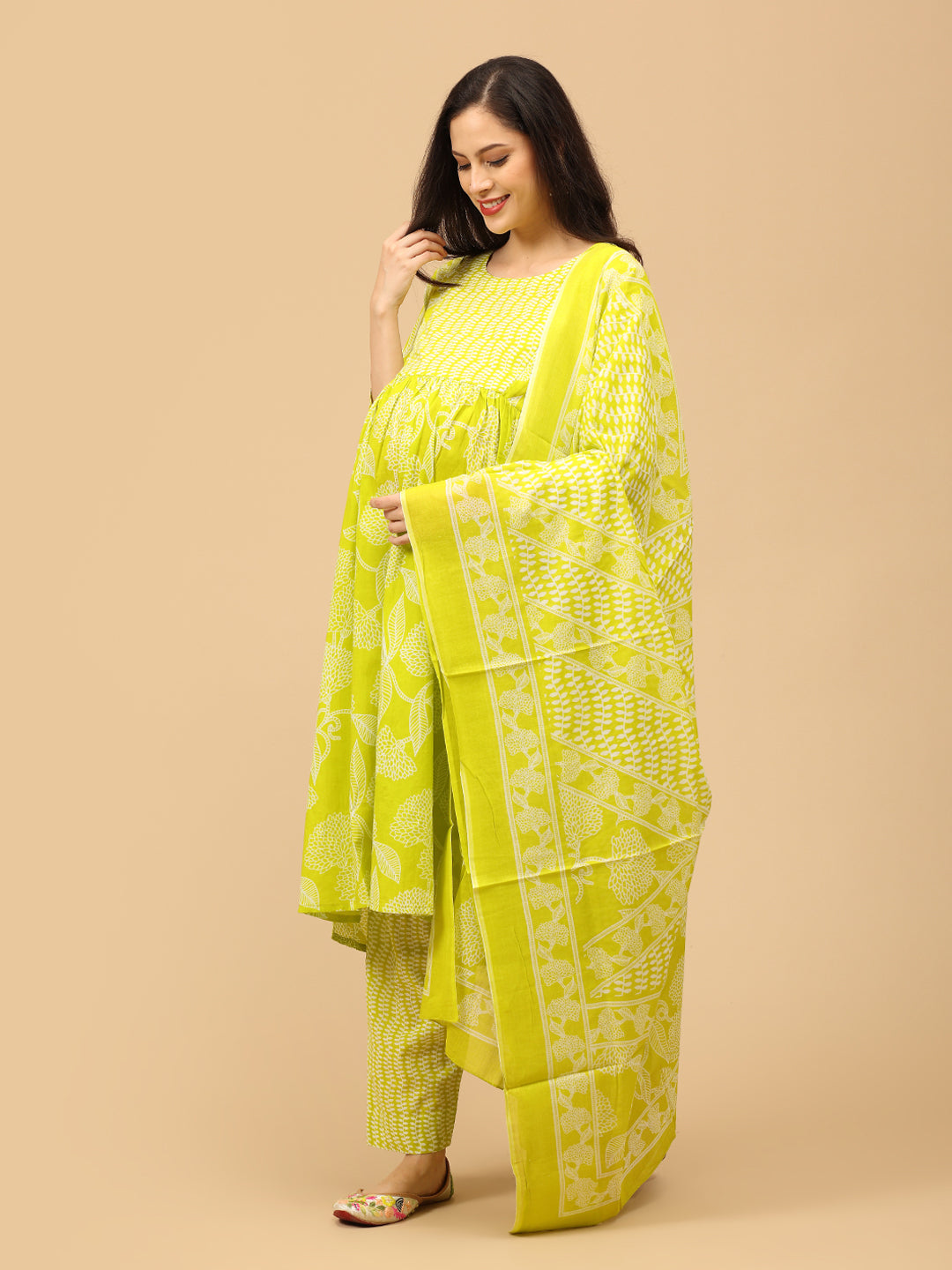 Glow Up Green Mood Maternity and Nursing Kurta Set With Dupatta