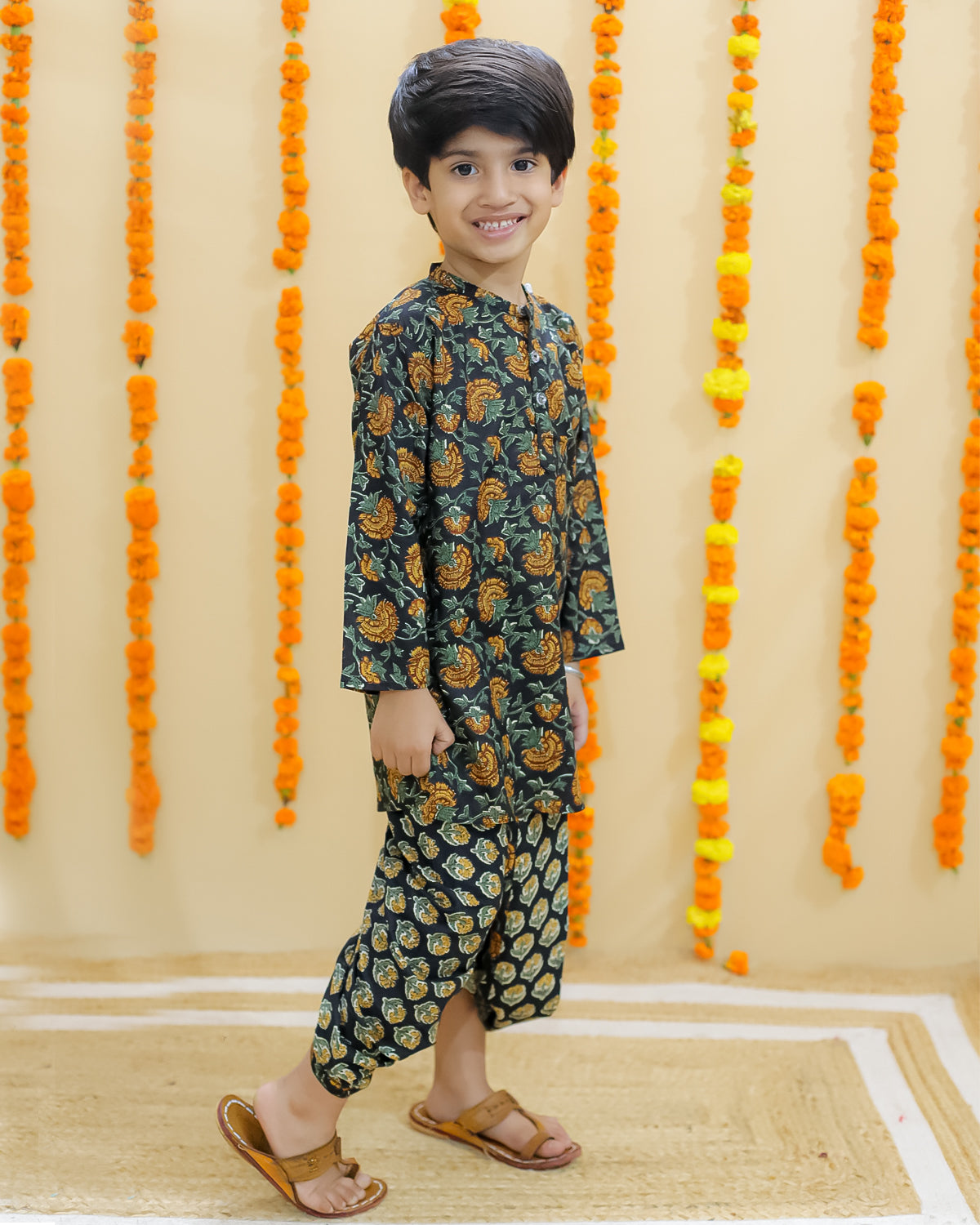 Green Block Print Boys Dhoti Kurta Set