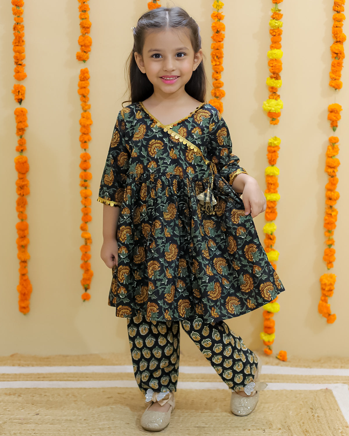 Ethnic Set-Green Block Print Girls Anarkali Pajama Set with Green Block Print Boys Dhoti Kurta Set