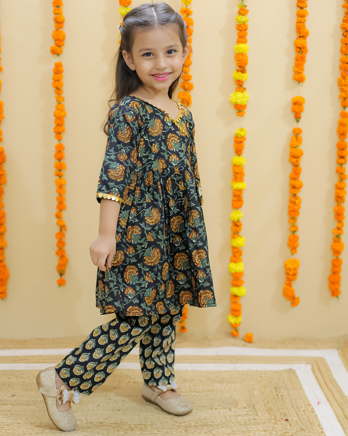 Green Block Print Girls Anarkali Pajama Set