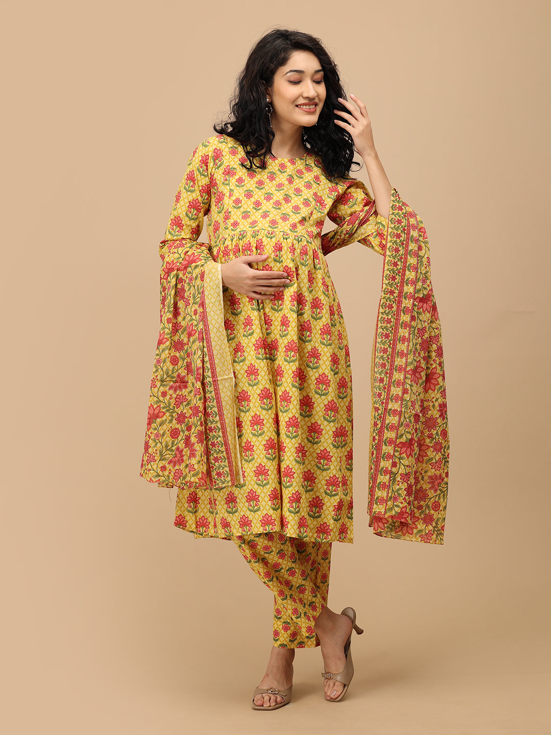 Full front view of Gulmohar Grace maternity nursing kurta set with printed dupatta from The Mom Store