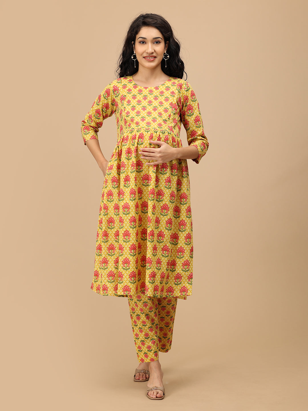 Yellow floral maternity kurta set with pockets by The Mom Store, comfortable nursing style
