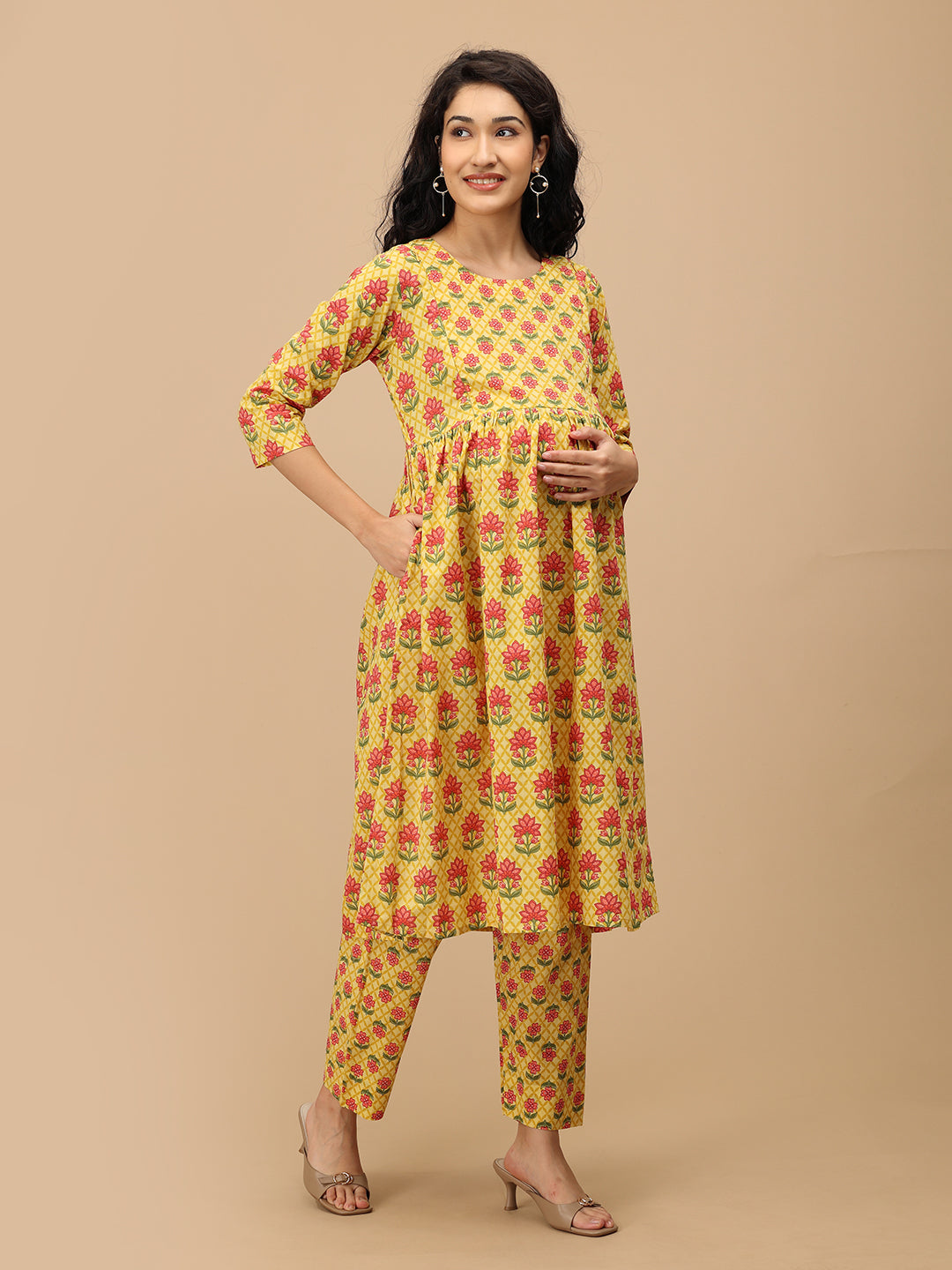 Maternity and nursing kurta set with floral dupatta in yellow print from The Mom Store