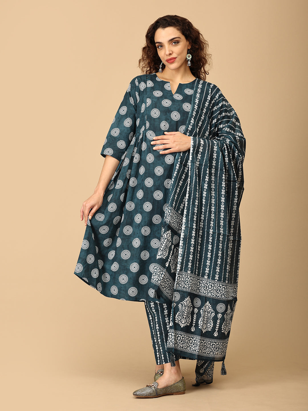 Gulshan Teal Maternity and Nursing Kurta Set With Dupatta