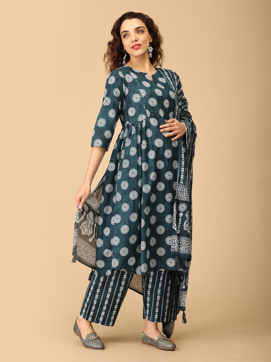 Gulshan Teal Maternity and Nursing Kurta Set With Dupatta