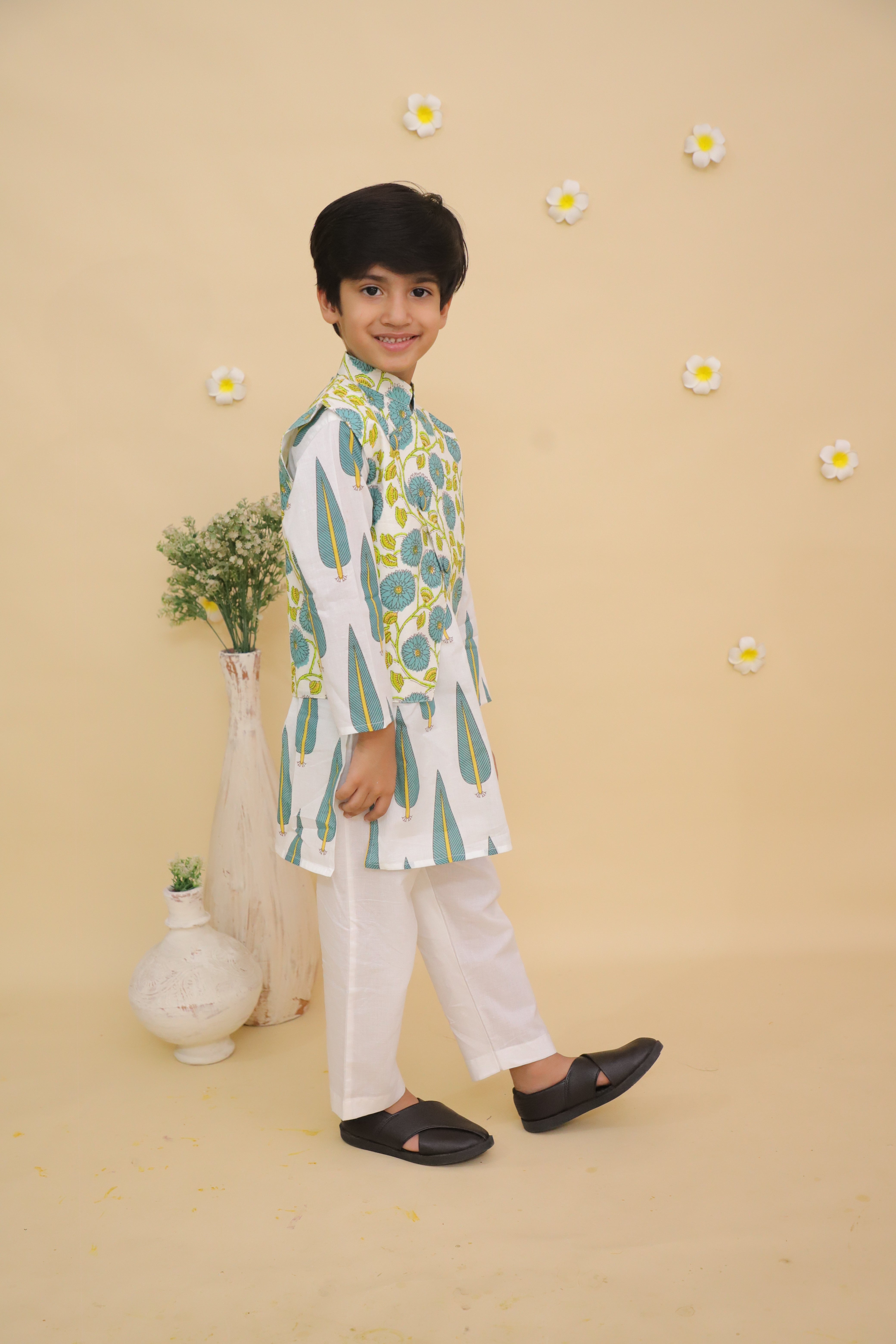 Ethnic Set-Emeraluxe Girls Anarkali Kurta Sharara Set and Boys Jacket And Kurta Pajama Set