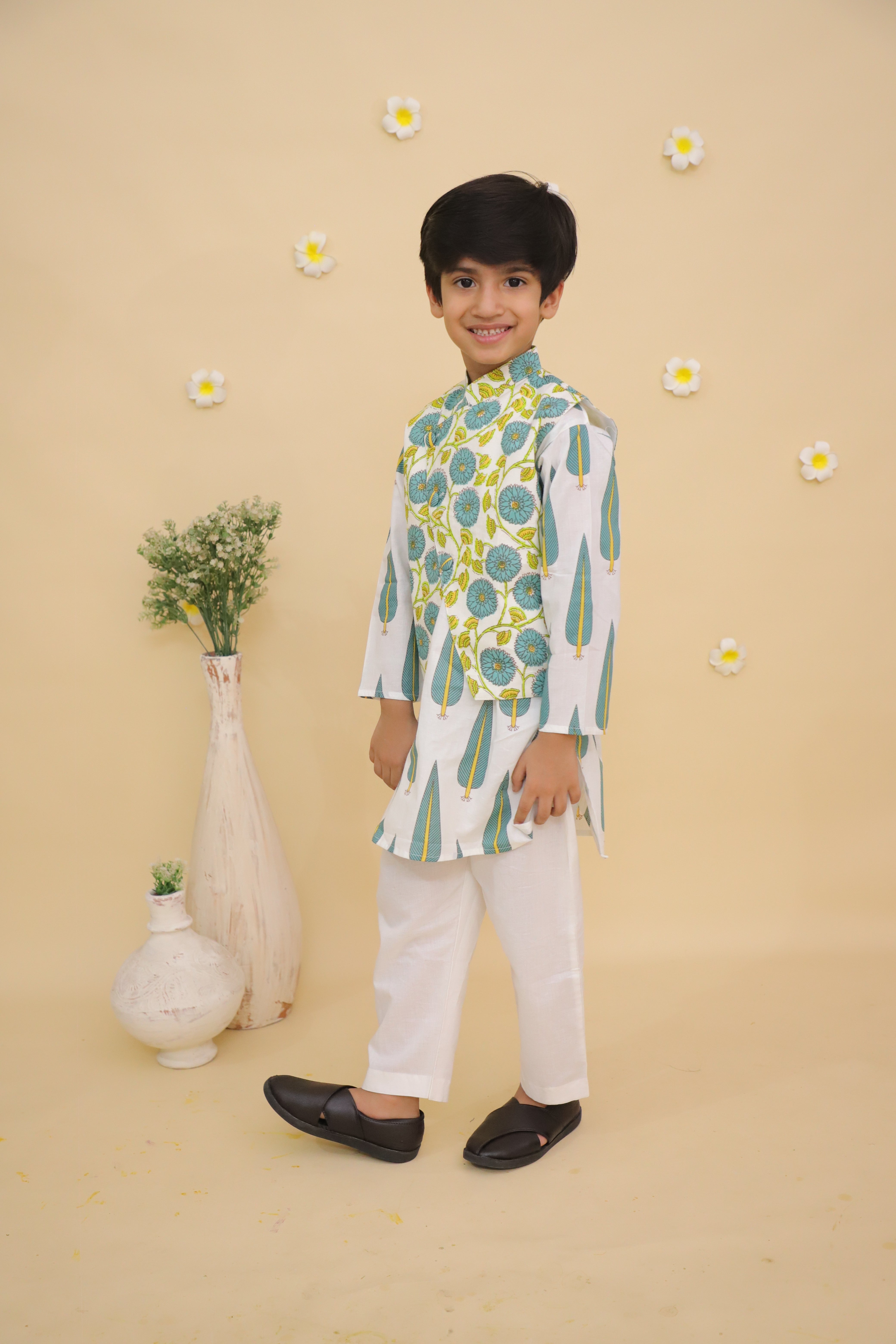Ethnic Set-Emeraluxe Girls Anarkali Kurta Sharara Set and Boys Jacket And Kurta Pajama Set