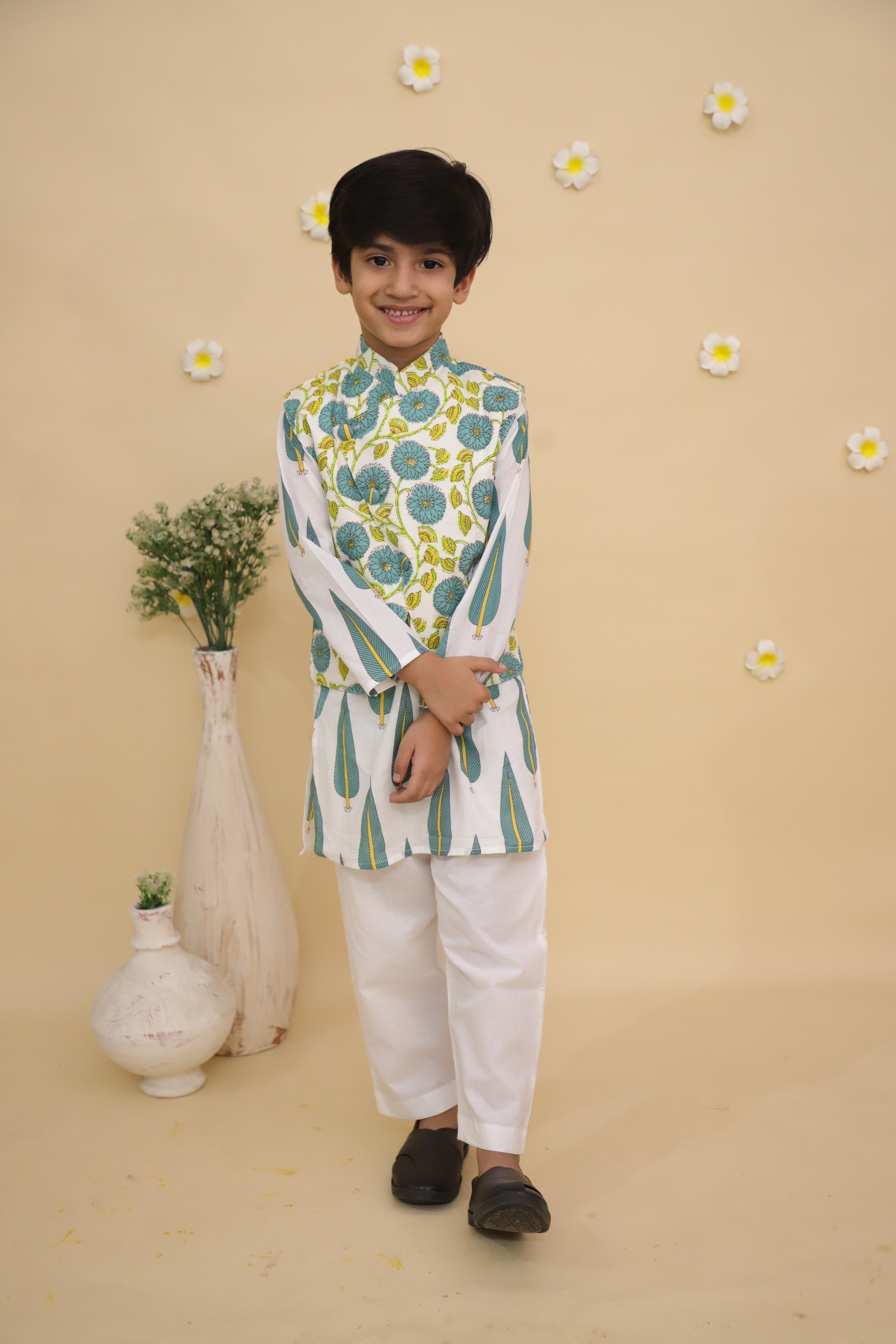 Ethnic Set-Emeraluxe Girls Anarkali Kurta Sharara Set and Boys Jacket And Kurta Pajama Set