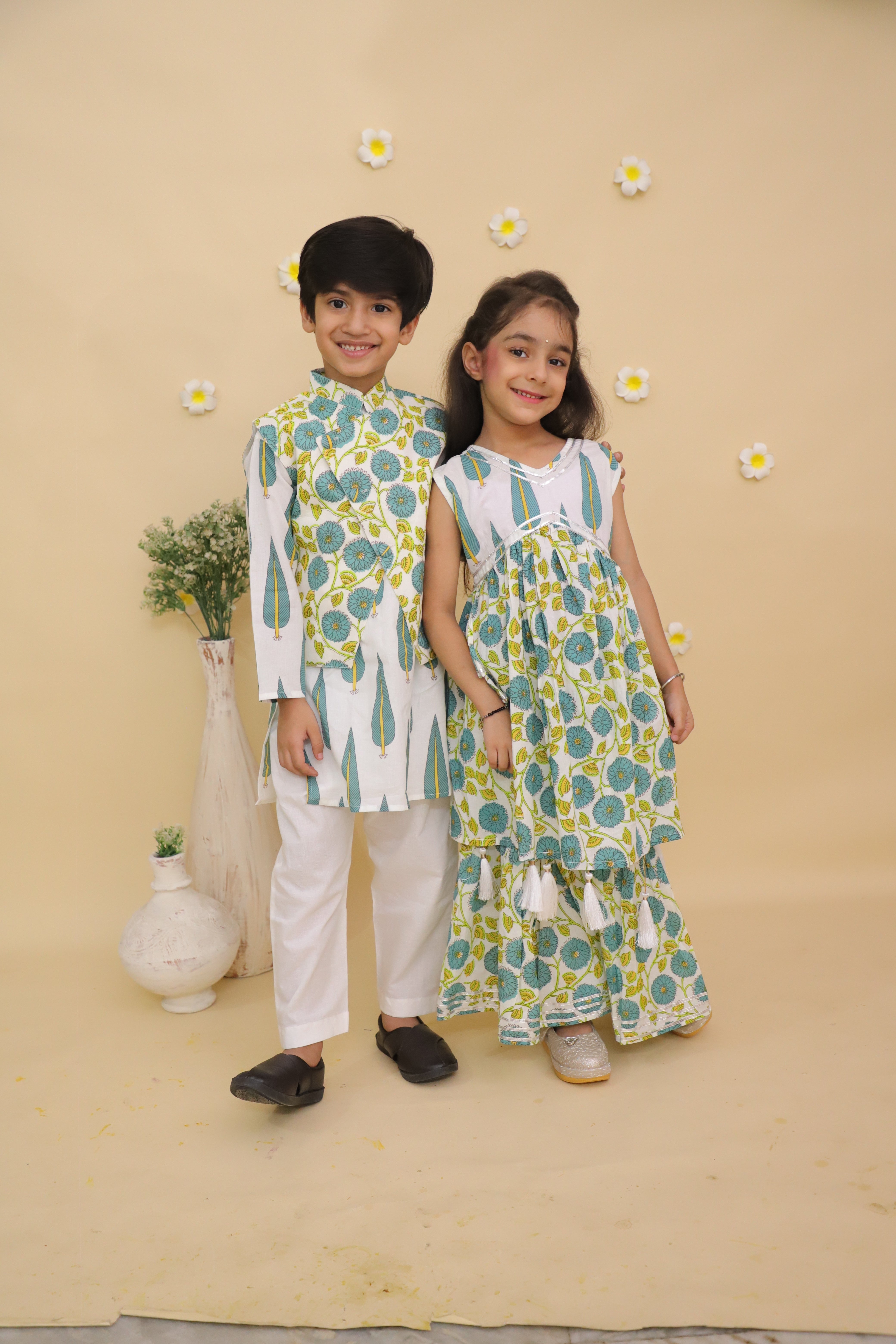 Ethnic Set-Emeraluxe Girls Anarkali Kurta Sharara Set and Boys Jacket And Kurta Pajama Set