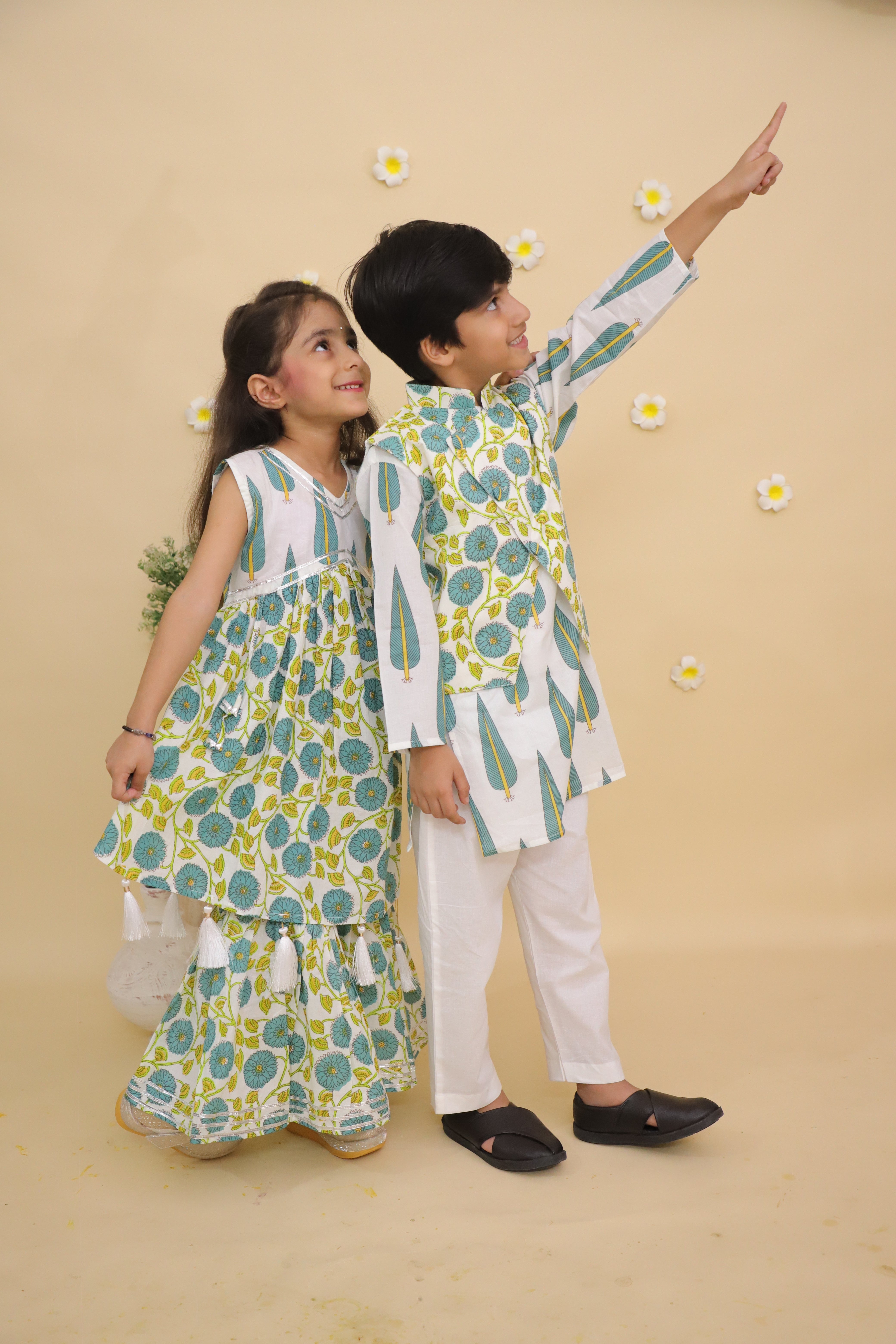 Ethnic Set-Emeraluxe Girls Anarkali Kurta Sharara Set and Boys Jacket And Kurta Pajama Set
