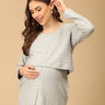 Elegant maternity and nursing dress with shrug in soft grey pattern, designed for pregnant and breastfeeding moms. Made from breathable fabric with hidden zipper for easy nursing access, side pockets, and detachable shrug. Perfect for maternity wear India, feeding dresses online, and everyday comfort with effortless style.