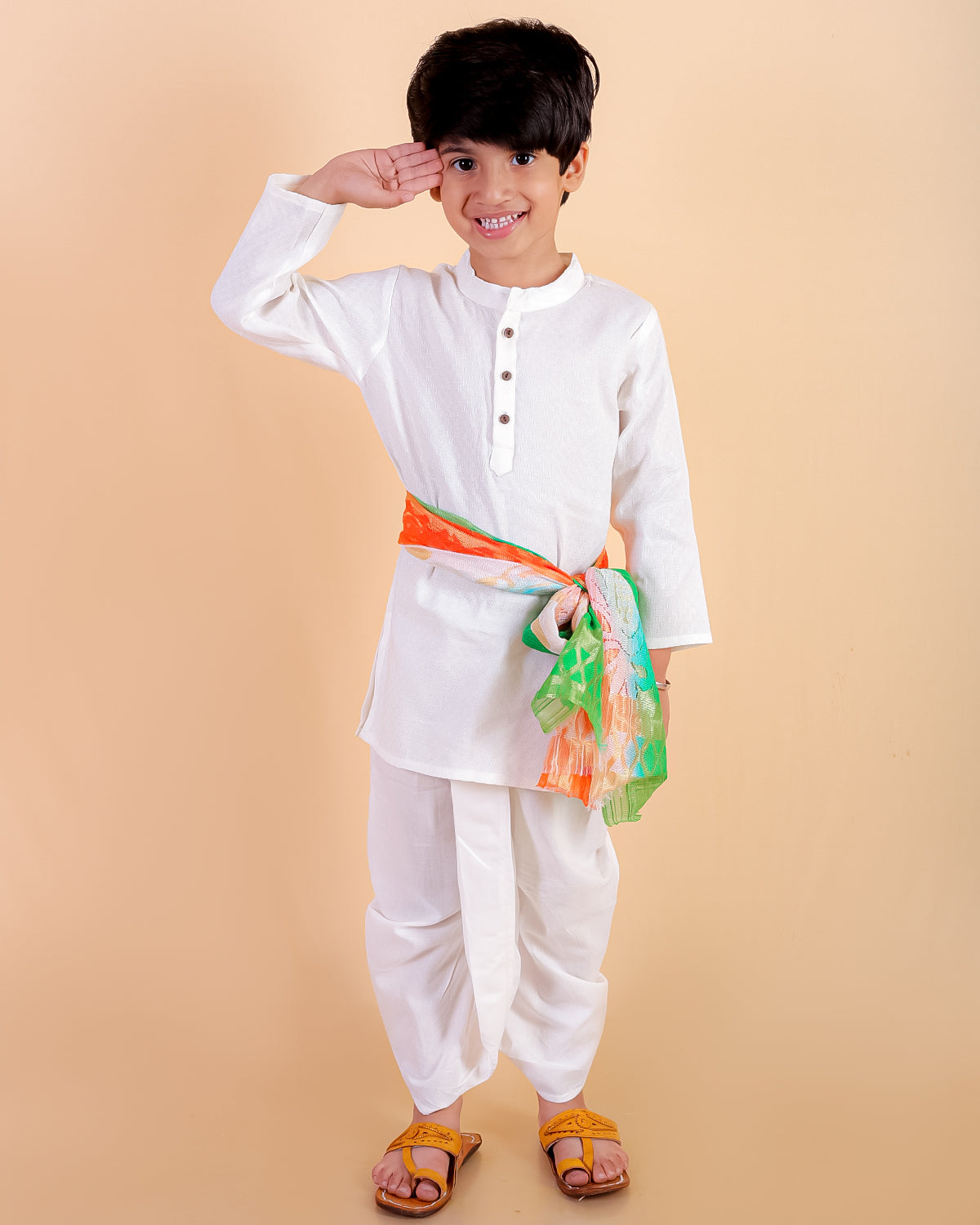 Ivory Elegance Dhoti Kurta Boys Set With Tiranga Dupatta