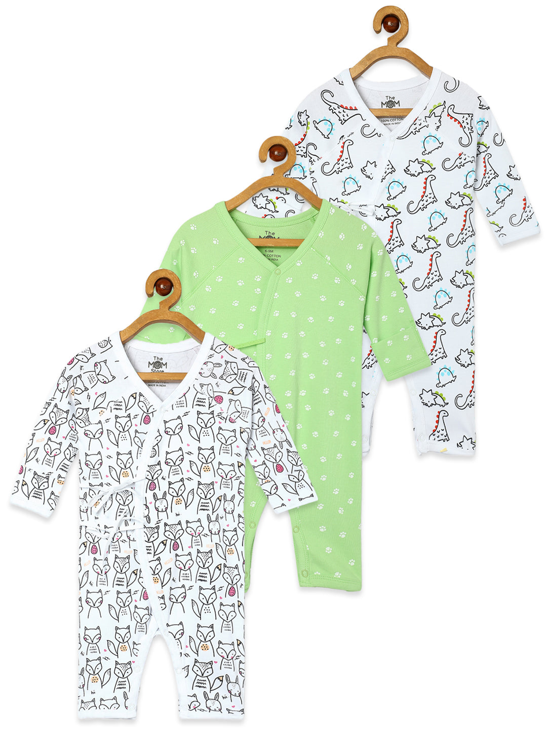 Jabla Infant Romper Combo Of 3: Dinos On The Round- Foxier Than The Fox-Staying Pawsitive