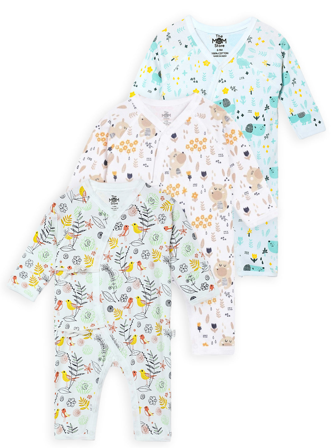 Jabla Infant Romper Combo Of 3-Puppy-Sparrow-Bear in the Garden