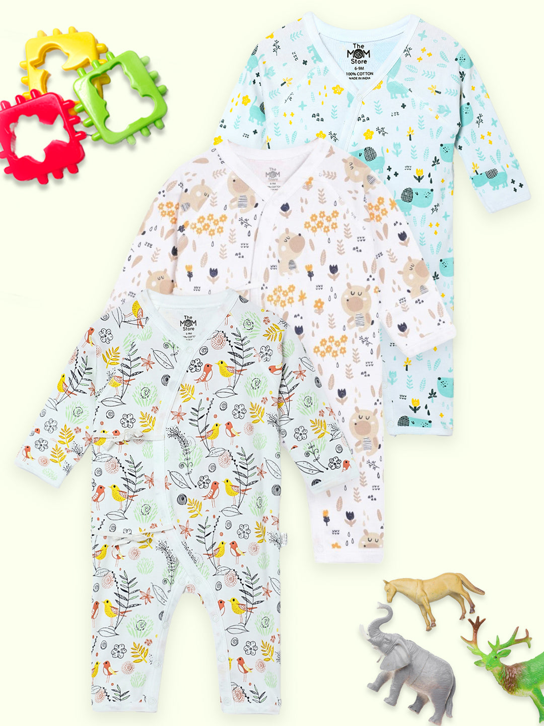 Jabla Infant Romper Combo Of 3-Puppy-Sparrow-Bear in the Garden