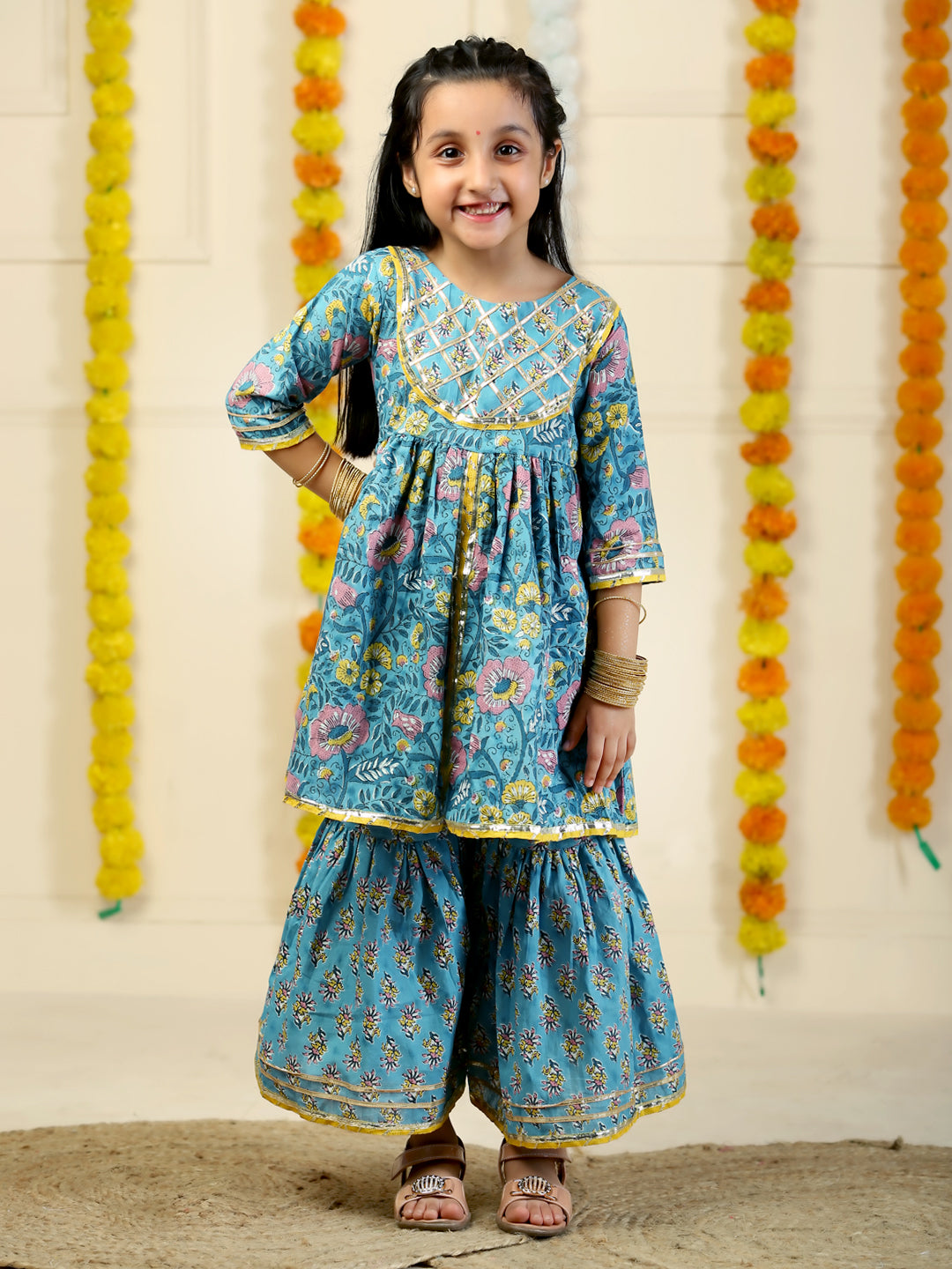 Jaldhara Floral Print Girls Anarkali Kurta Sharara Set