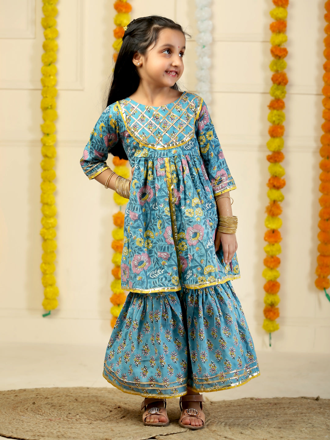 Jaldhara Floral Print Girls Anarkali Kurta Sharara Set