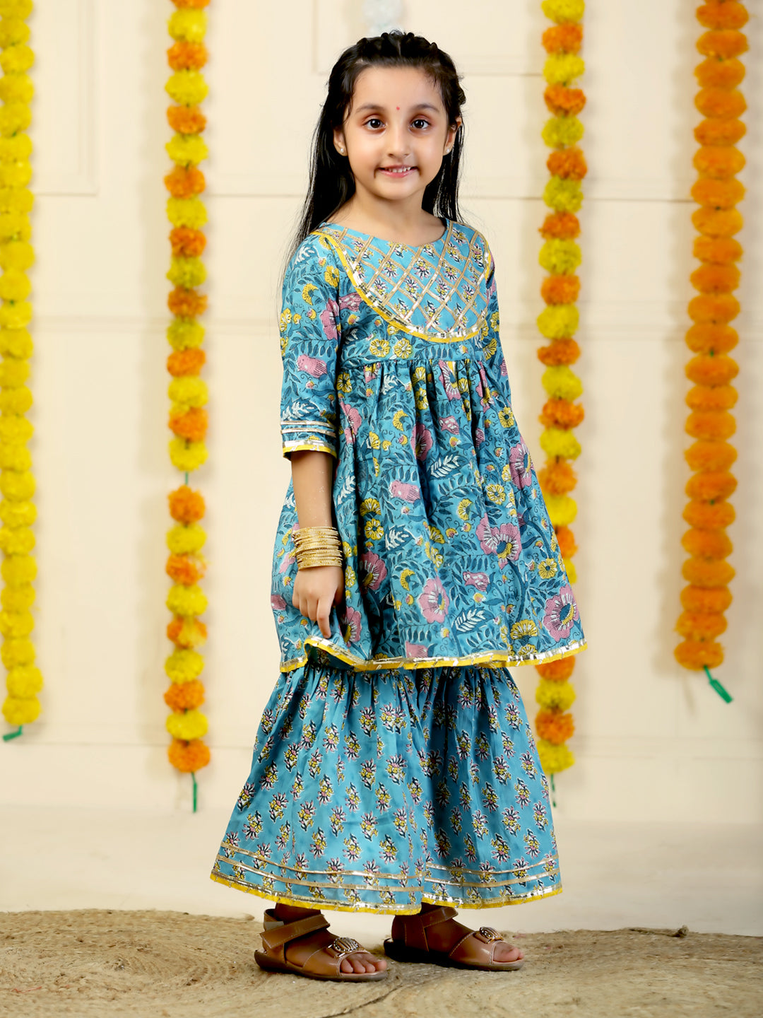 Jaldhara Floral Print Girls Anarkali Kurta Sharara Set