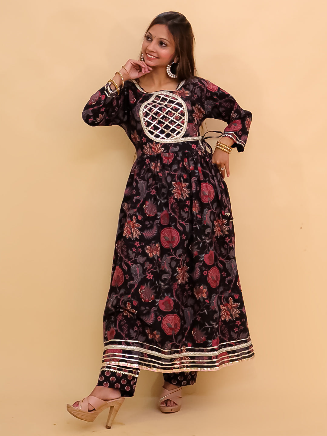 Twinning Combo-Kaali Katha Womens Kurta Set with Girls Anarkali Sharara Set