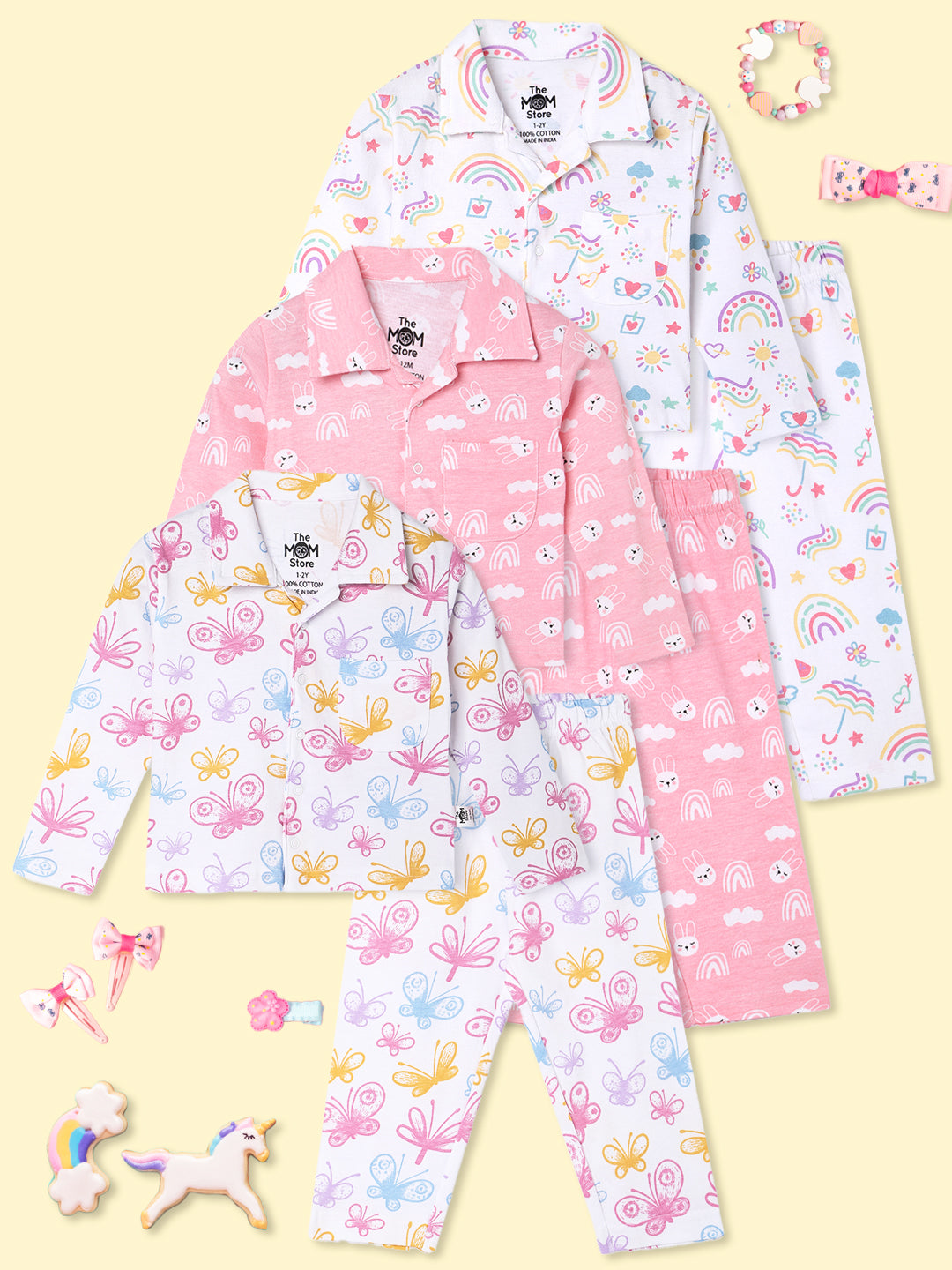 Kids Pajama Set Combo of 3-Spring Wings, Sunshine & Rainbow & Cutey Bunny