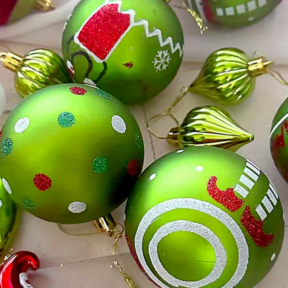 Little Surprise Box  34 pcs Grinch Green & Red Christmas Tree ornaments XMAS Tree decoration set