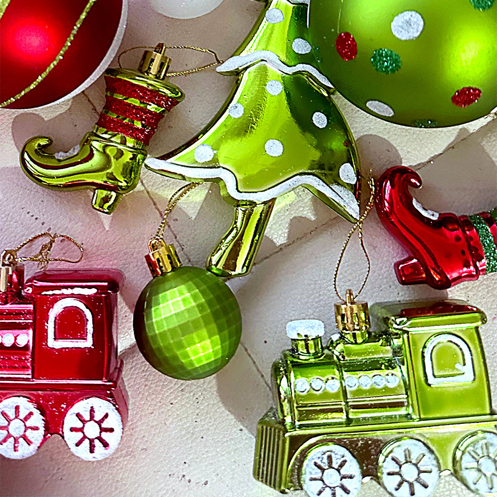 Little Surprise Box  34 pcs Grinch Green & Red Christmas Tree ornaments XMAS Tree decoration set